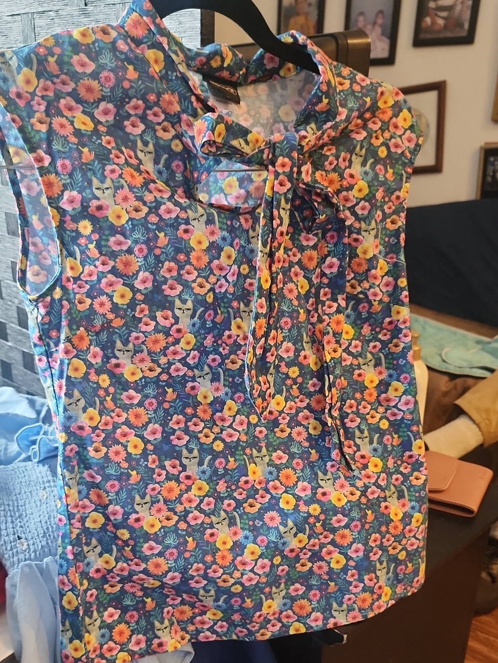 Floral Bow Tie Sleeveless Blouse - Blur Base with Pink & Yellow Flowers And Cat